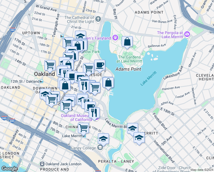 map of restaurants, bars, coffee shops, grocery stores, and more near 1426 Lakeside Drive in Oakland