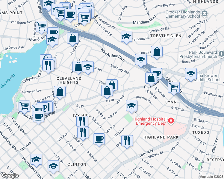 map of restaurants, bars, coffee shops, grocery stores, and more near 869 Cleveland Street in Oakland