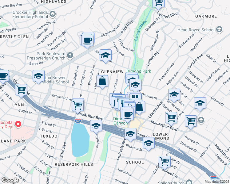 map of restaurants, bars, coffee shops, grocery stores, and more near 3900 Everett Avenue in Oakland