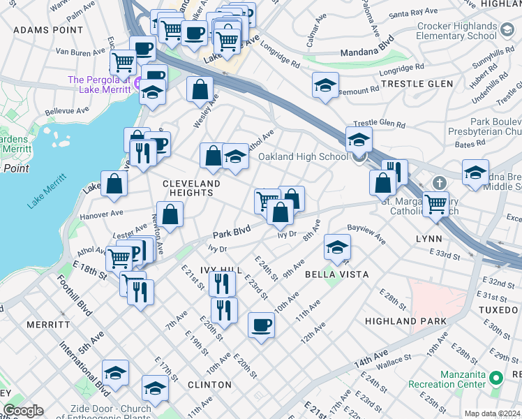 map of restaurants, bars, coffee shops, grocery stores, and more near 516 Zorah Street in Oakland