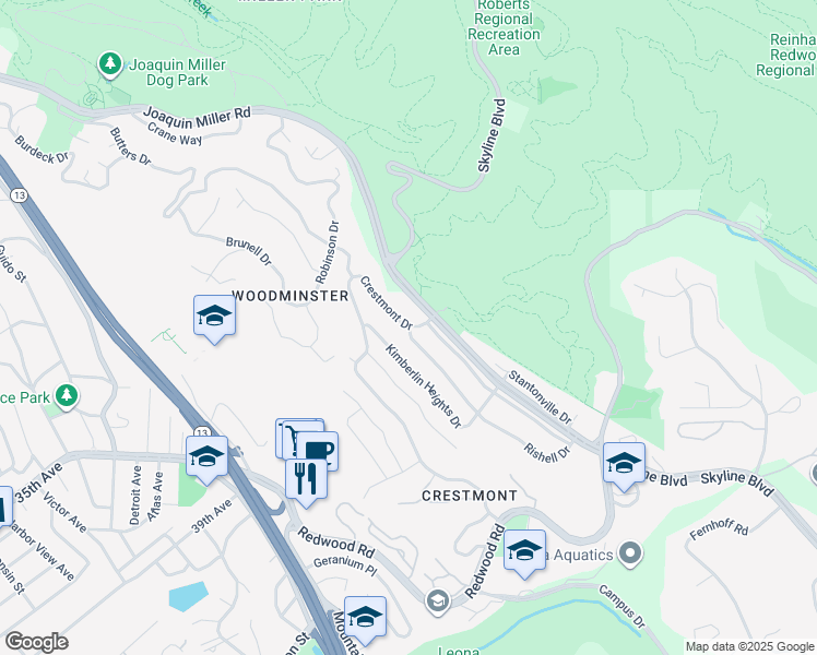 map of restaurants, bars, coffee shops, grocery stores, and more near 2 Rishell Drive in Oakland