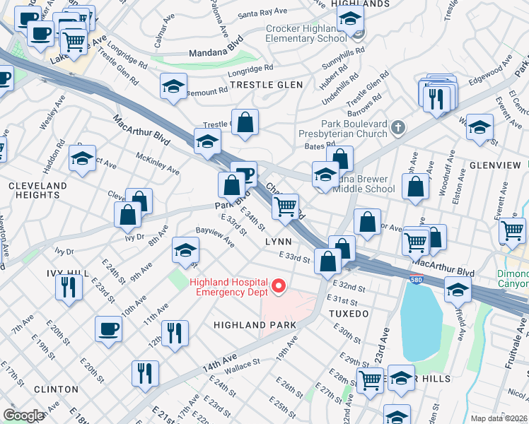 map of restaurants, bars, coffee shops, grocery stores, and more near 1234 East 34th Street in Oakland