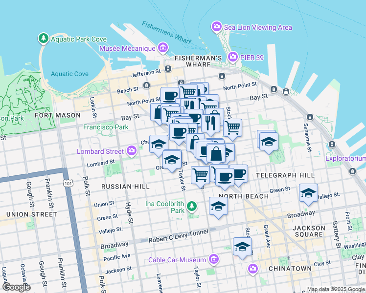 map of restaurants, bars, coffee shops, grocery stores, and more near 915 Columbus Avenue in San Francisco