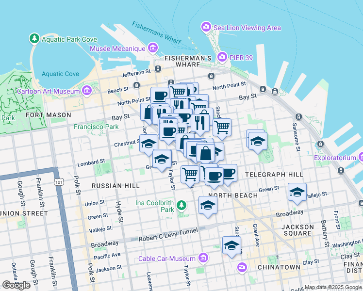 map of restaurants, bars, coffee shops, grocery stores, and more near 722 Lombard Street in San Francisco