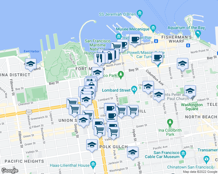 map of restaurants, bars, coffee shops, grocery stores, and more near 131 Culebra Terrace in San Francisco