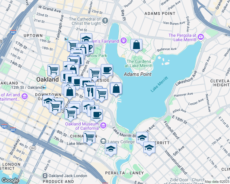 map of restaurants, bars, coffee shops, grocery stores, and more near 1426 Lakeside Drive in Oakland