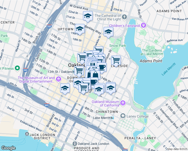 map of restaurants, bars, coffee shops, grocery stores, and more near 1445 Harrison Street in Oakland