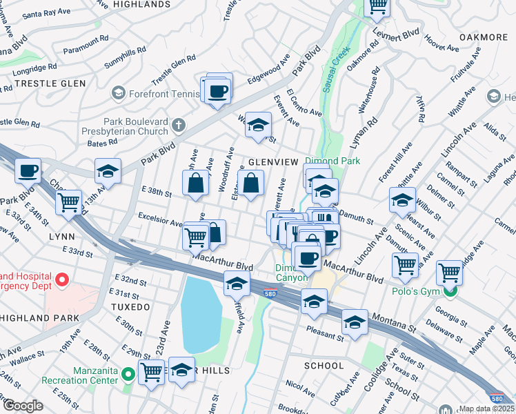 map of restaurants, bars, coffee shops, grocery stores, and more near 3821 La Cresta Avenue in Oakland