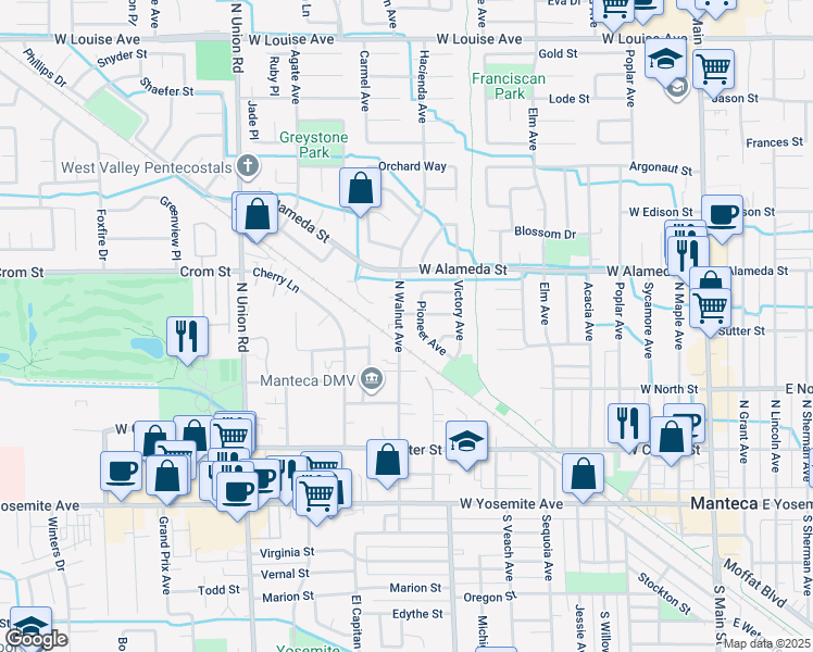 map of restaurants, bars, coffee shops, grocery stores, and more near 414 North Walnut Avenue in Manteca