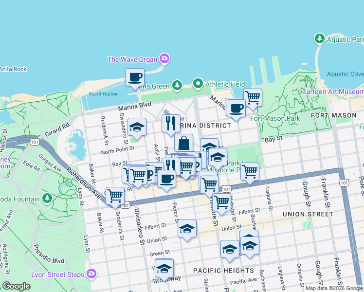 map of restaurants, bars, coffee shops, grocery stores, and more near 10 Capra Way in San Francisco