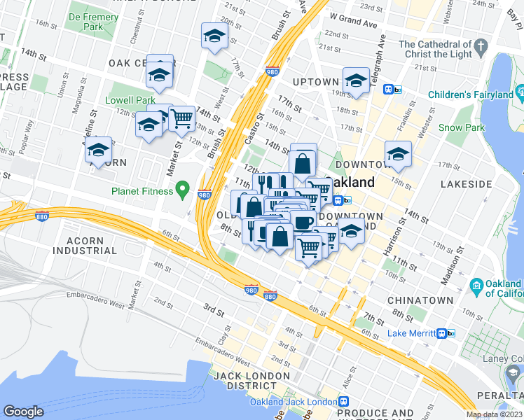 map of restaurants, bars, coffee shops, grocery stores, and more near 10th St & Jefferson St in Oakland