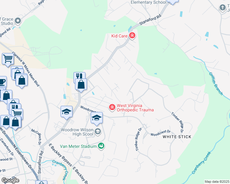 map of restaurants, bars, coffee shops, grocery stores, and more near 189 Deepwood Avenue in Beckley