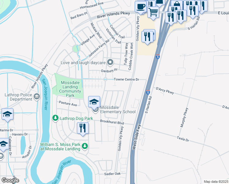 map of restaurants, bars, coffee shops, grocery stores, and more near 17350 Pheasant Downs Road in Lathrop