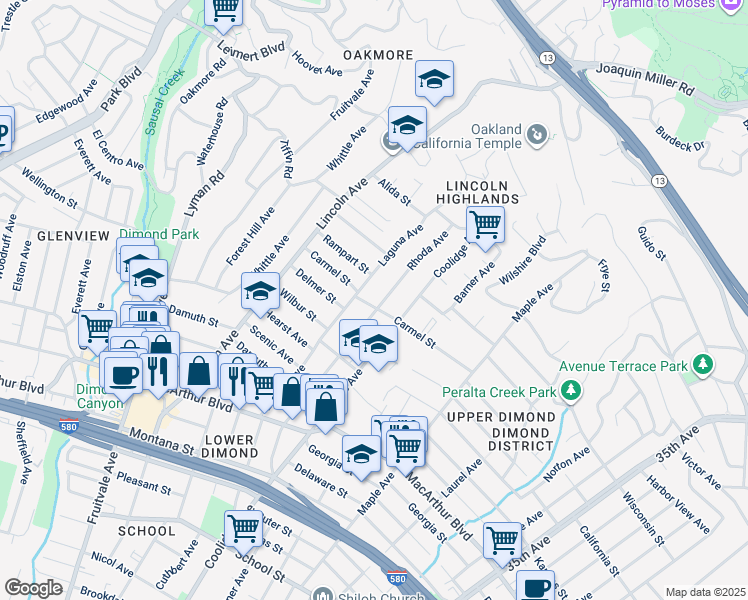 map of restaurants, bars, coffee shops, grocery stores, and more near 2605 Carmel Street in Oakland