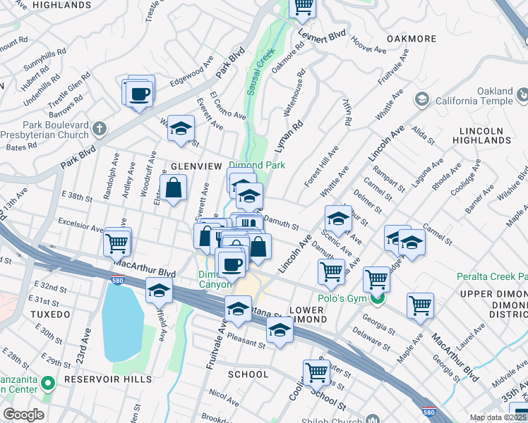 map of restaurants, bars, coffee shops, grocery stores, and more near 3711 Fruitvale Avenue in Oakland