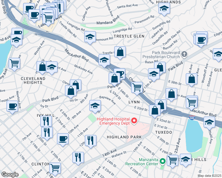 map of restaurants, bars, coffee shops, grocery stores, and more near 1008 East 33rd Street in Oakland