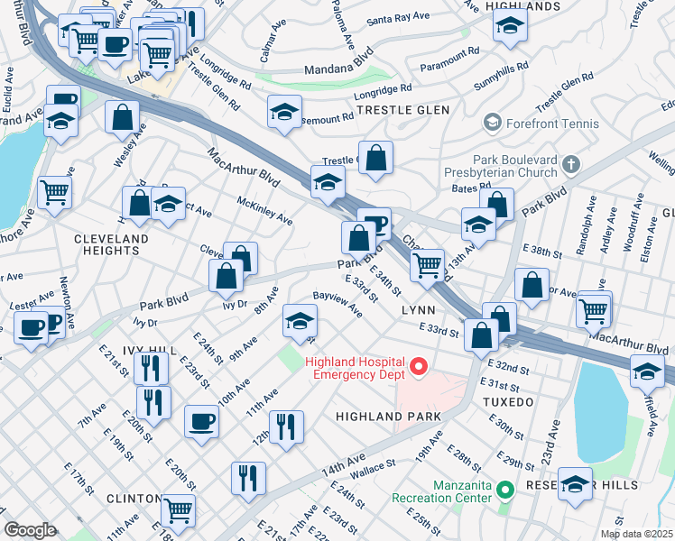 map of restaurants, bars, coffee shops, grocery stores, and more near 3140 Park Boulevard in Oakland