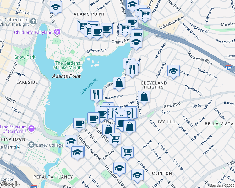 map of restaurants, bars, coffee shops, grocery stores, and more near 315 Hanover Avenue in Oakland