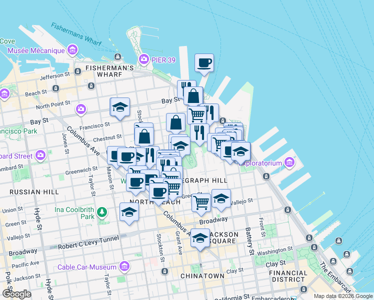 map of restaurants, bars, coffee shops, grocery stores, and more near 1548 Kearny Street in San Francisco