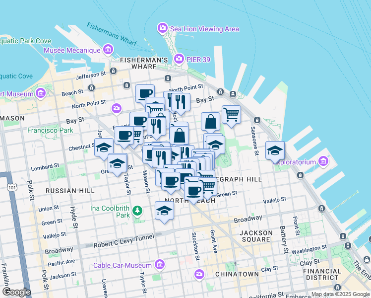 map of restaurants, bars, coffee shops, grocery stores, and more near 463 Lombard Street in San Francisco