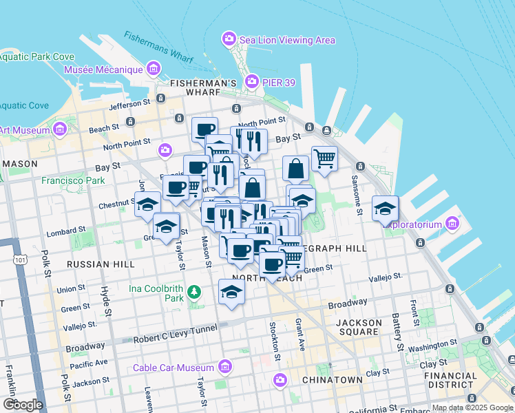 map of restaurants, bars, coffee shops, grocery stores, and more near 463 Lombard Street in San Francisco