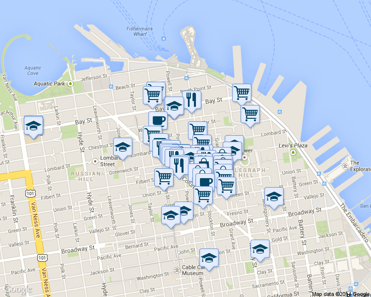 map of restaurants, bars, coffee shops, grocery stores, and more near 636 Greenwich Street in San Francisco