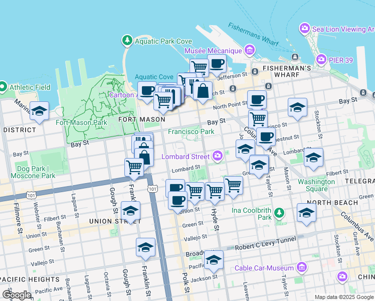 map of restaurants, bars, coffee shops, grocery stores, and more near 1056 Chestnut Street in San Francisco