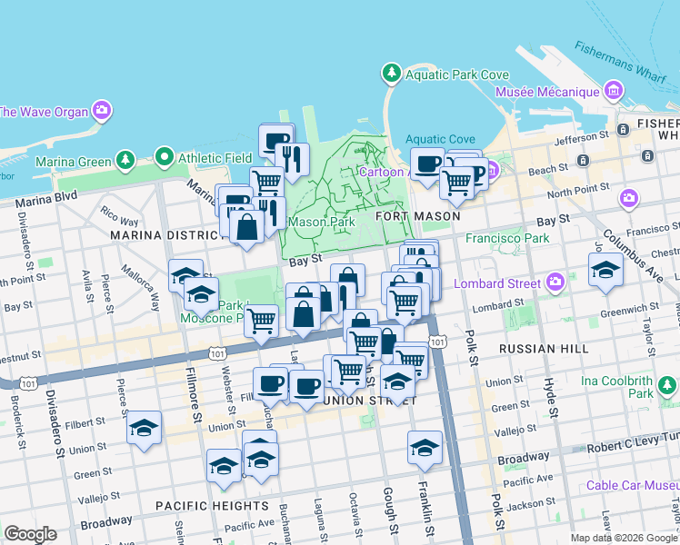 map of restaurants, bars, coffee shops, grocery stores, and more near 3219 Gough Street in San Francisco