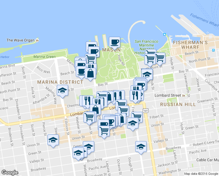 map of restaurants, bars, coffee shops, grocery stores, and more near 3321 Octavia Street in San Francisco