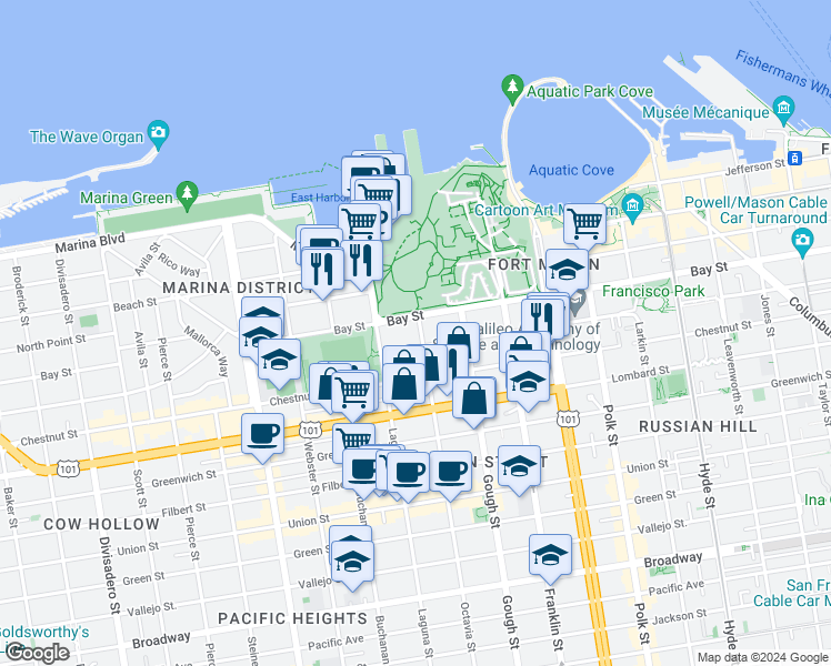 map of restaurants, bars, coffee shops, grocery stores, and more near 3321 Octavia Street in San Francisco