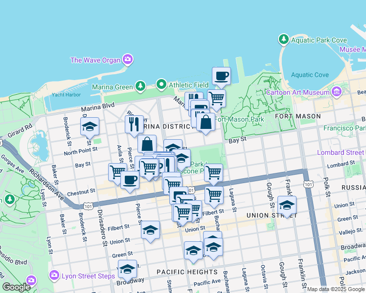 map of restaurants, bars, coffee shops, grocery stores, and more near in San Francisco
