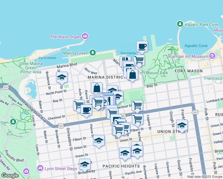 map of restaurants, bars, coffee shops, grocery stores, and more near in San Francisco