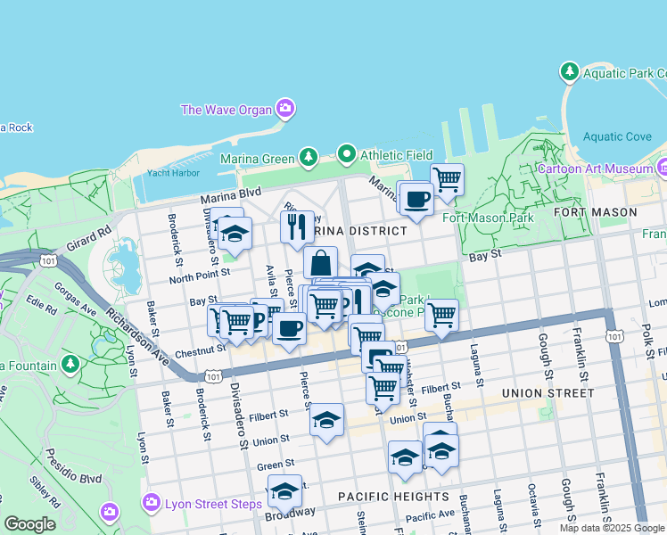 map of restaurants, bars, coffee shops, grocery stores, and more near 25 Cervantes Boulevard in San Francisco
