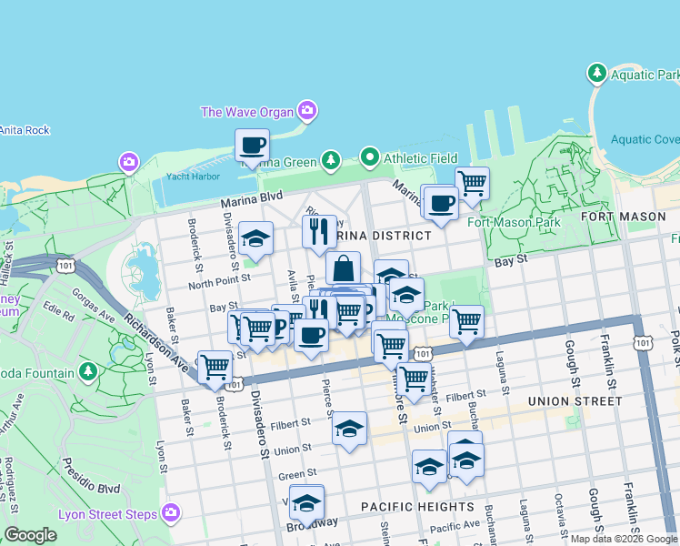 map of restaurants, bars, coffee shops, grocery stores, and more near 10 Capra Way in San Francisco