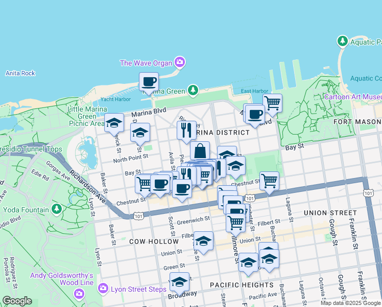 map of restaurants, bars, coffee shops, grocery stores, and more near 10 Capra Way in San Francisco