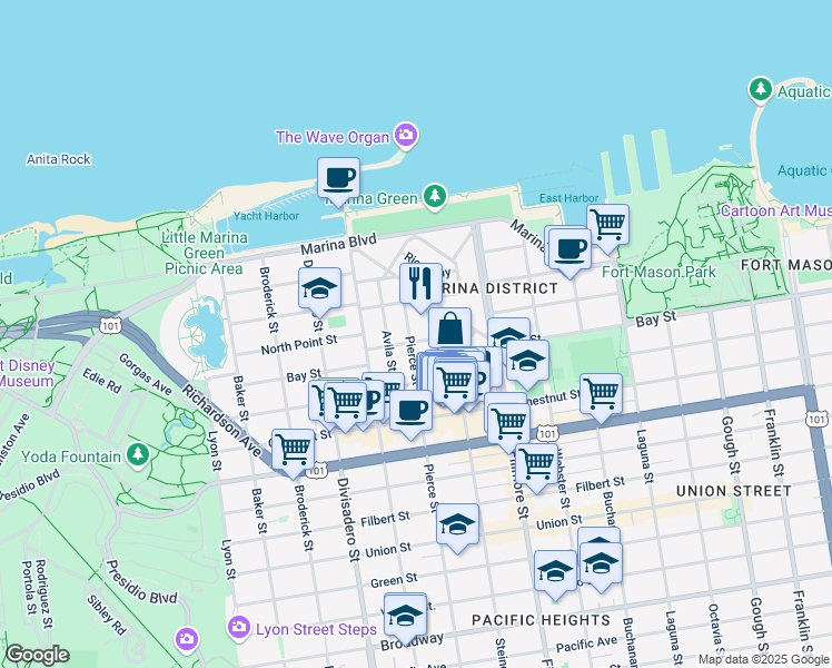 map of restaurants, bars, coffee shops, grocery stores, and more near 3516 Pierce Street in San Francisco