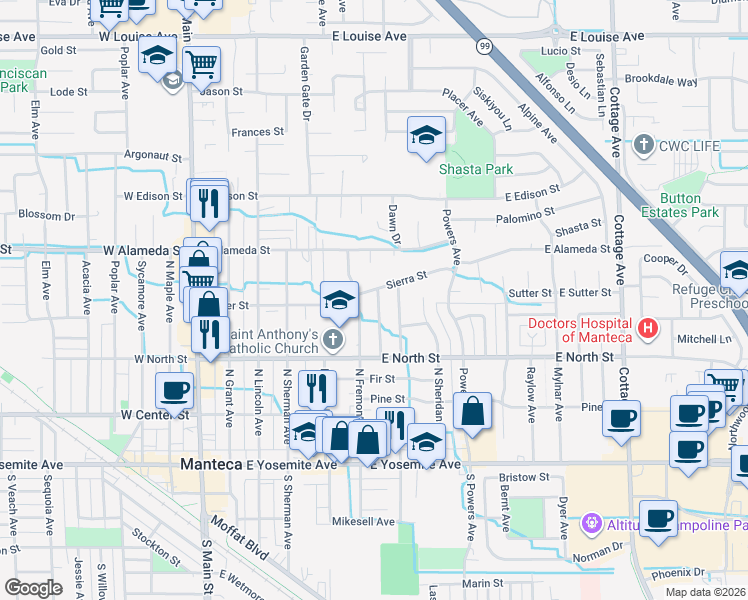 map of restaurants, bars, coffee shops, grocery stores, and more near 359 Harding Avenue in Manteca