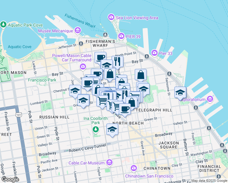 map of restaurants, bars, coffee shops, grocery stores, and more near 636 Greenwich Street in San Francisco