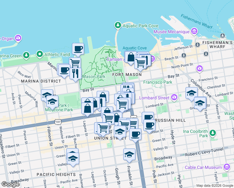 map of restaurants, bars, coffee shops, grocery stores, and more near 1308 Francisco Street in San Francisco