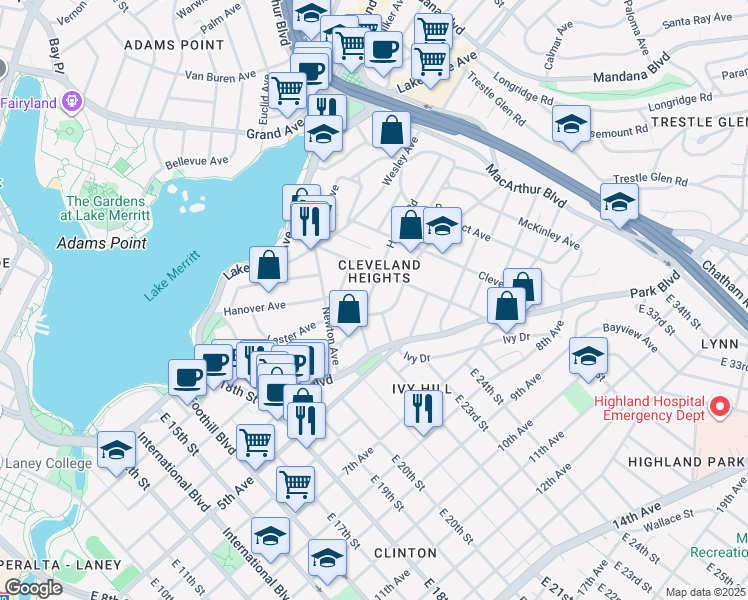map of restaurants, bars, coffee shops, grocery stores, and more near 426 Haddon Road in Oakland