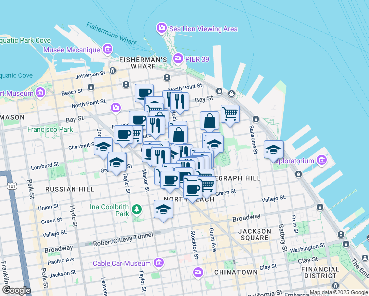 map of restaurants, bars, coffee shops, grocery stores, and more near 463 Lombard Street in San Francisco