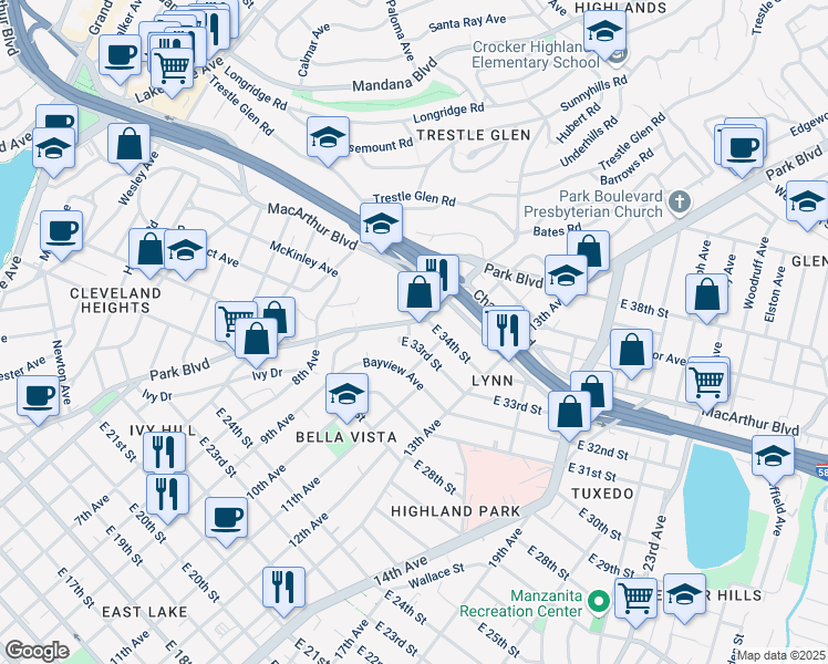 map of restaurants, bars, coffee shops, grocery stores, and more near 1008 East 33rd Street in Oakland