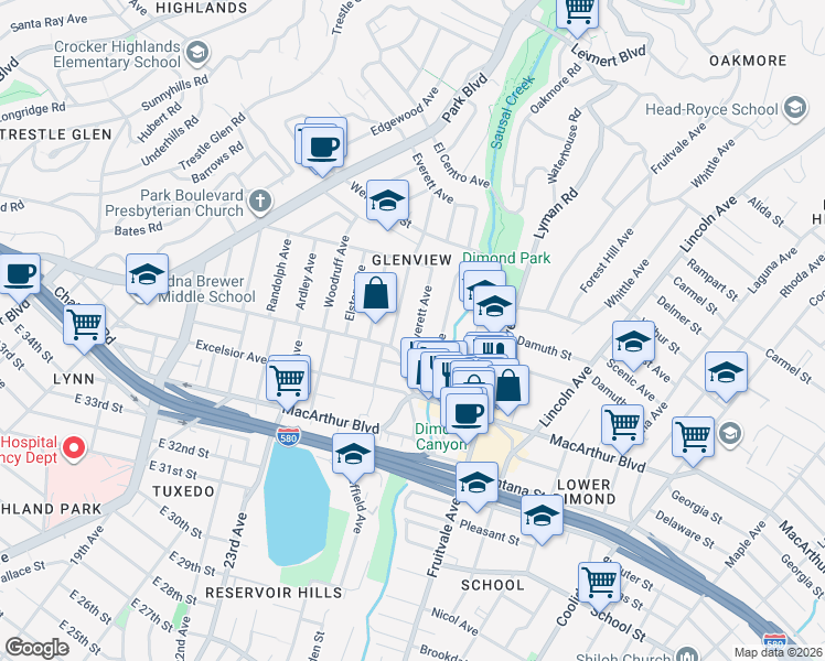 map of restaurants, bars, coffee shops, grocery stores, and more near 3900 Everett Avenue in Oakland