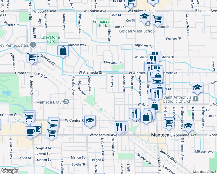 map of restaurants, bars, coffee shops, grocery stores, and more near 426 Greenbrier Avenue in Manteca