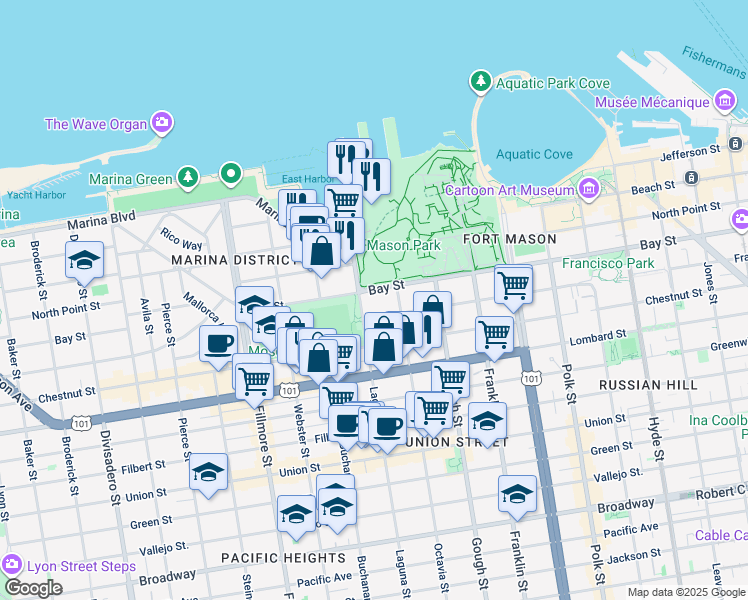 map of restaurants, bars, coffee shops, grocery stores, and more near 3400 Laguna Street in San Francisco