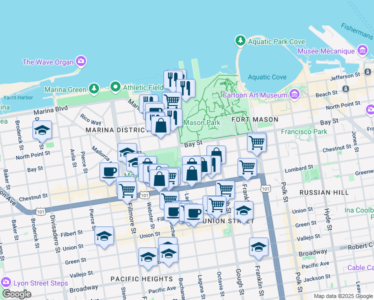 map of restaurants, bars, coffee shops, grocery stores, and more near 3400 Laguna Street in San Francisco