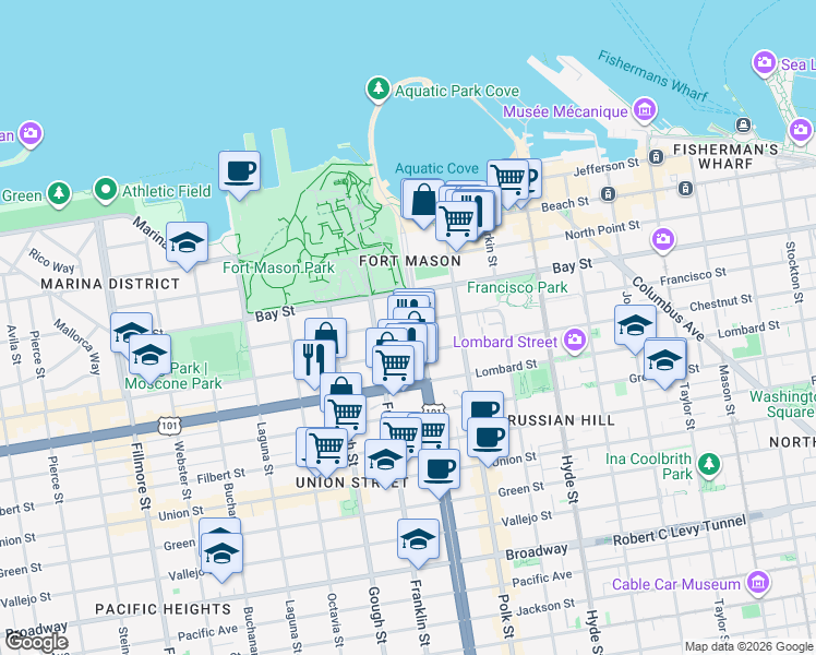 map of restaurants, bars, coffee shops, grocery stores, and more near 13 Francisco Street in San Francisco