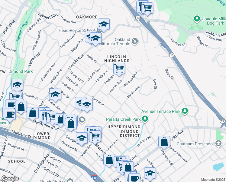 map of restaurants, bars, coffee shops, grocery stores, and more near 4028 Barner Avenue in Oakland
