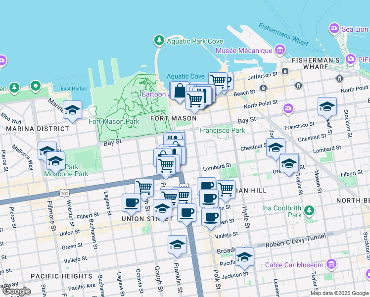 map of restaurants, bars, coffee shops, grocery stores, and more near 1135 Francisco Street in San Francisco