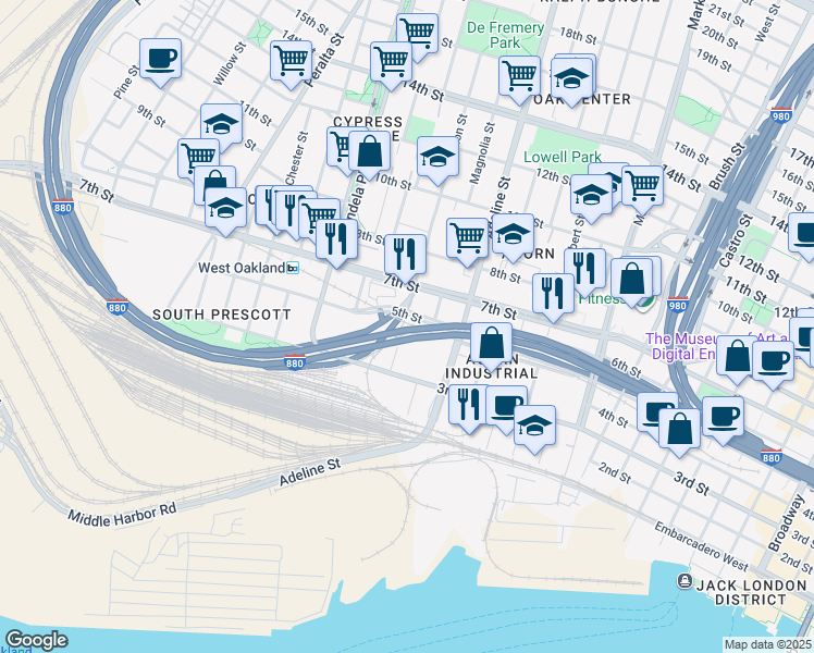 map of restaurants, bars, coffee shops, grocery stores, and more near 1239 Fifth Street in Oakland